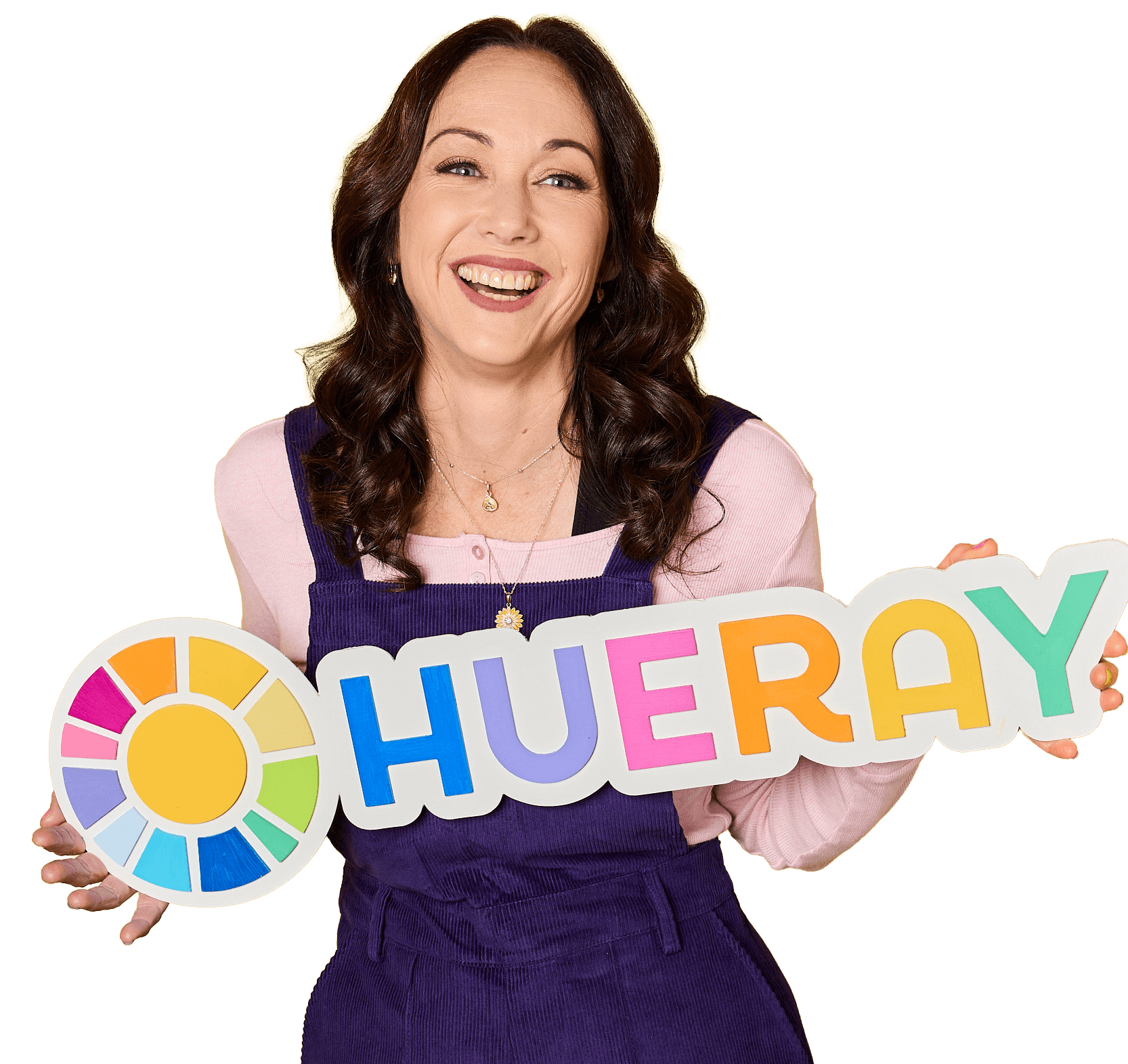 Hueray founder Brenna Denholm holding colourful Hueray sign