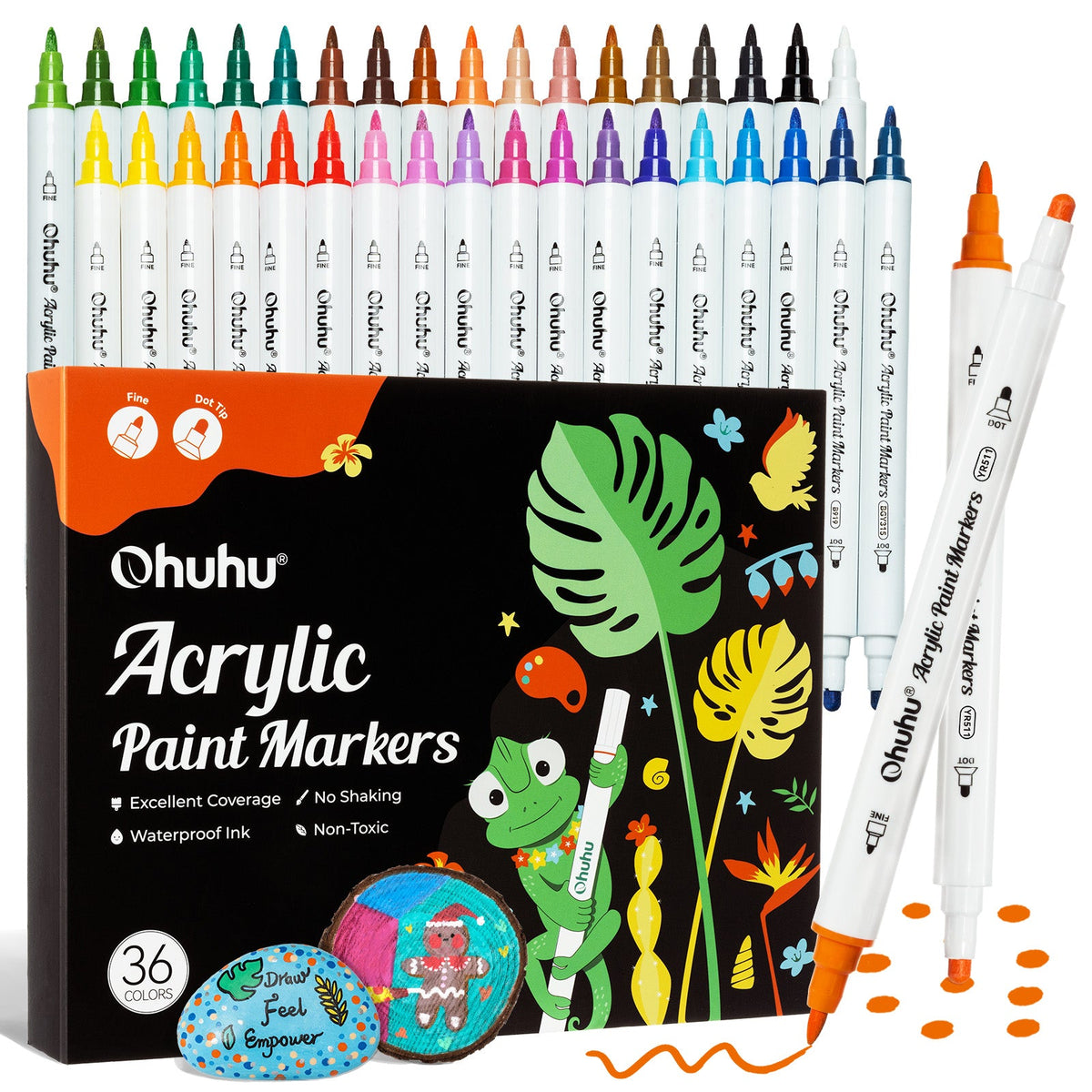 Ohuhu Akaka 36 colour dual tip fine and dot acrylic paint markers with box and painted rocks