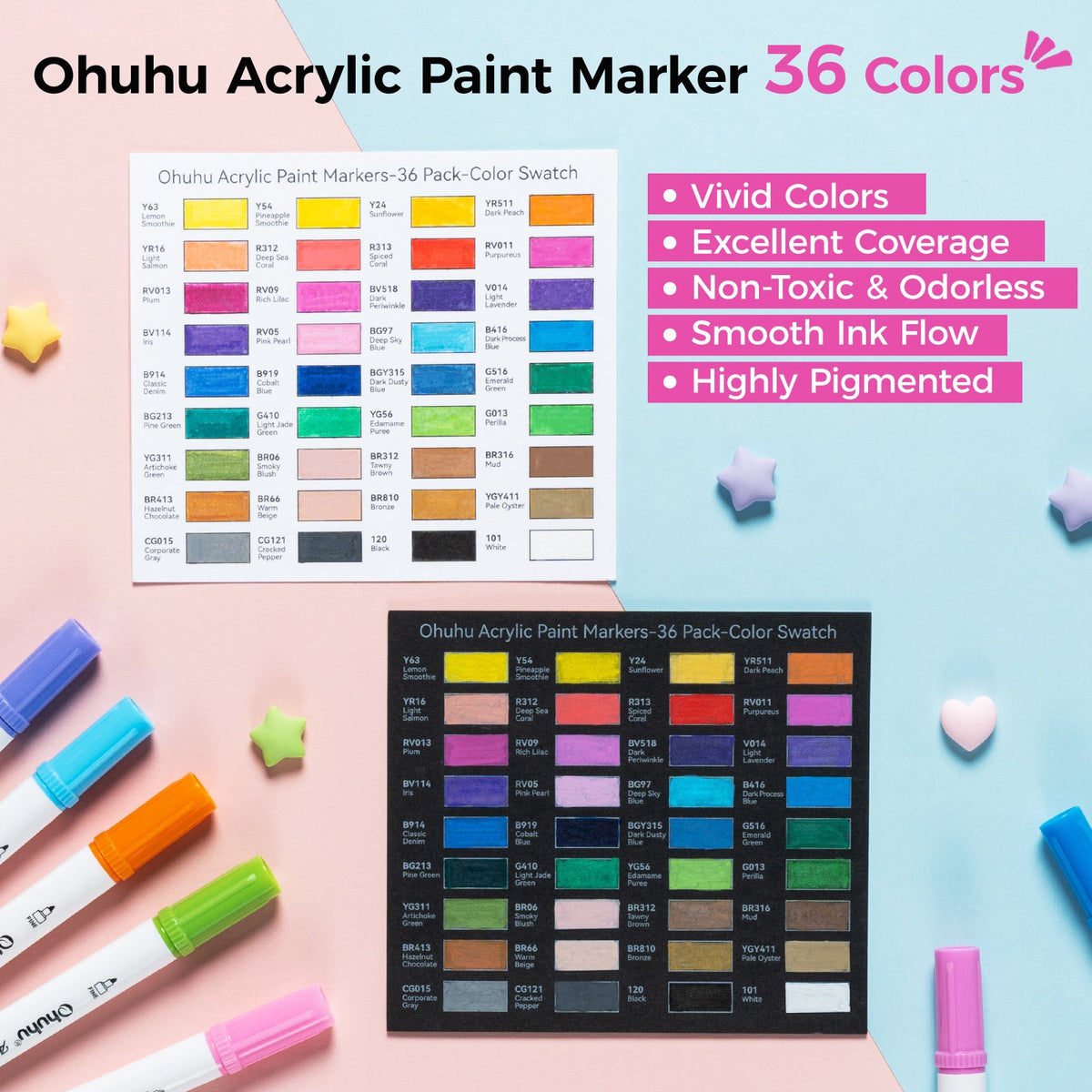 Ohuhu Akaka 36 colour acrylic paint marker swatch cards on light and dark paper