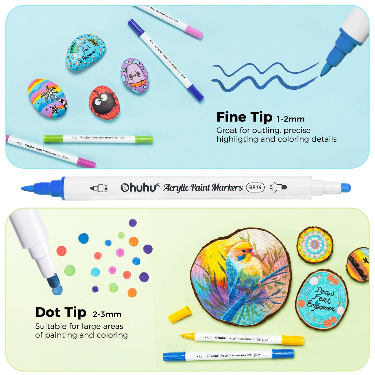 Ohuhu Akaka dual tip marker: 1-2 mm fine tip for outlining and 2-3 mm dot tip for dotting and colouring