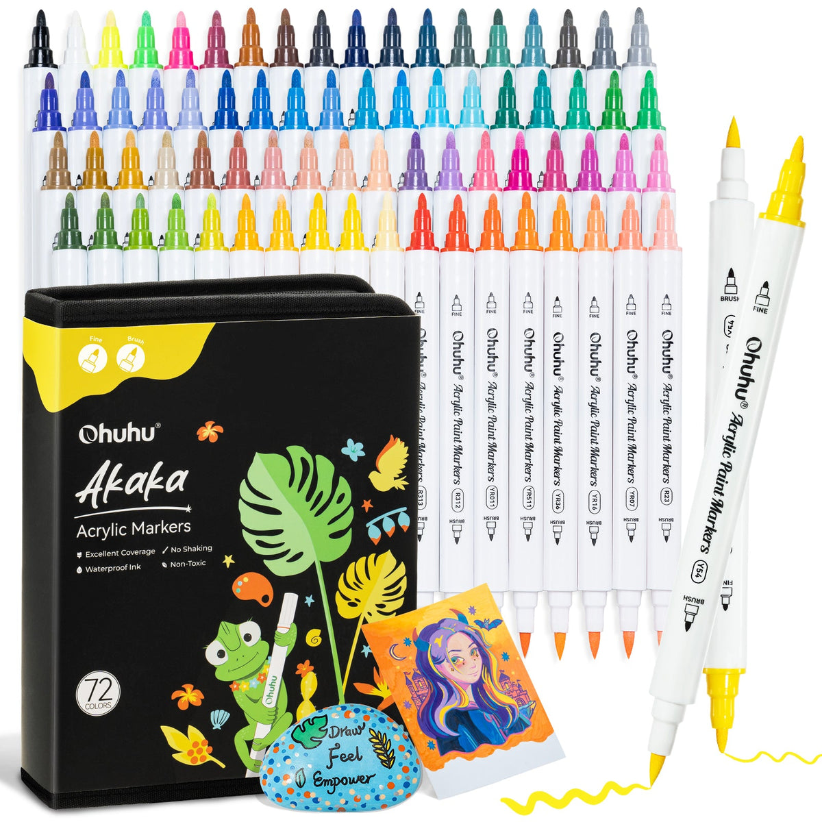 Ohuhu Akaka 72 colour dual tip fine and brush acrylic paint markers with box and artwork