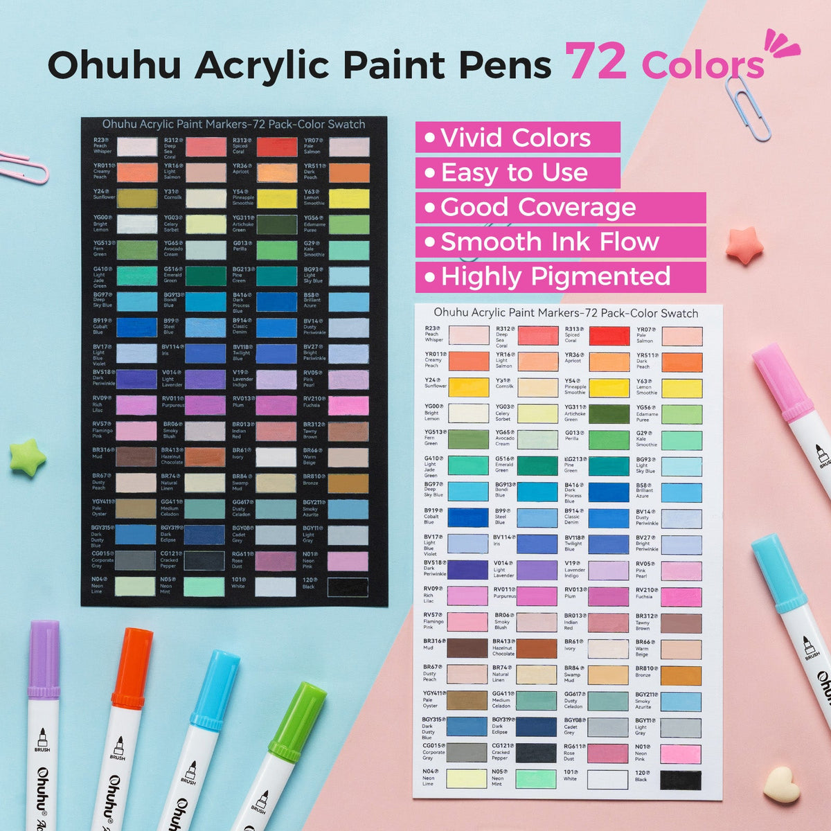 Ohuhu Akaka 72 colour acrylic paint pen swatch cards on light and dark paper