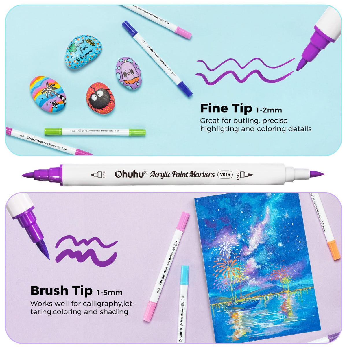Ohuhu Akaka dual tip marker: 1-2 mm fine tip for outlining and 1-5 mm brush tip for lettering and shading