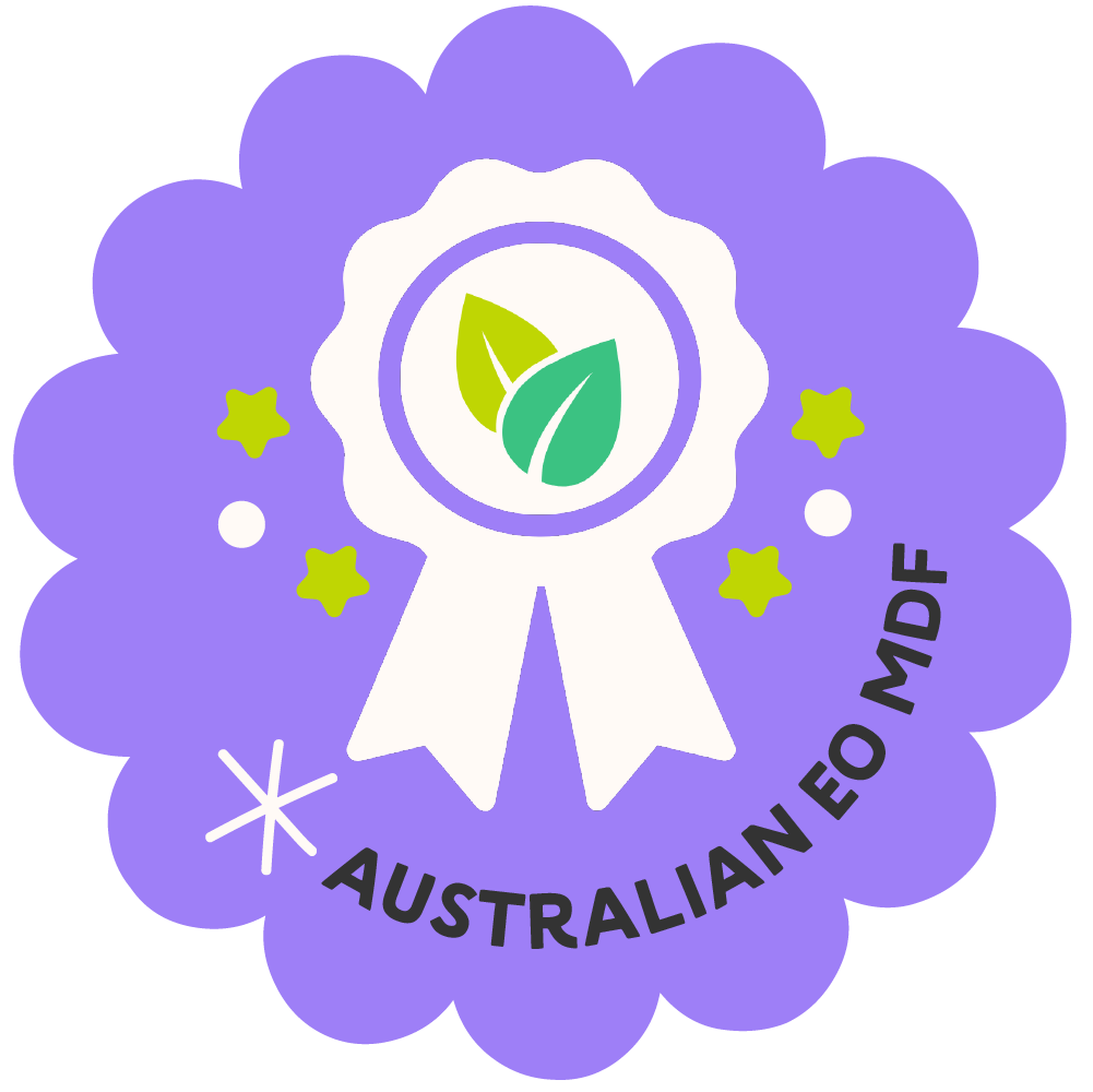 Hueray Icon with a white ribbon and green leaf on a purple background, featuring text 'Australian E0 MDF'.