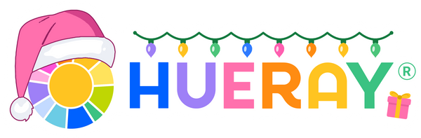 Hueray Christmas logo with a big pink Santa hat and fairy lights