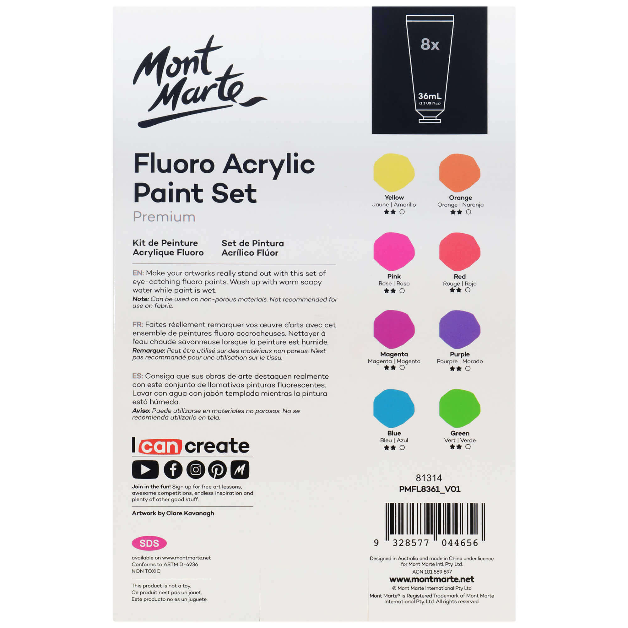 Fluoro Acrylic Paint Set Premium 8pc x 36ml