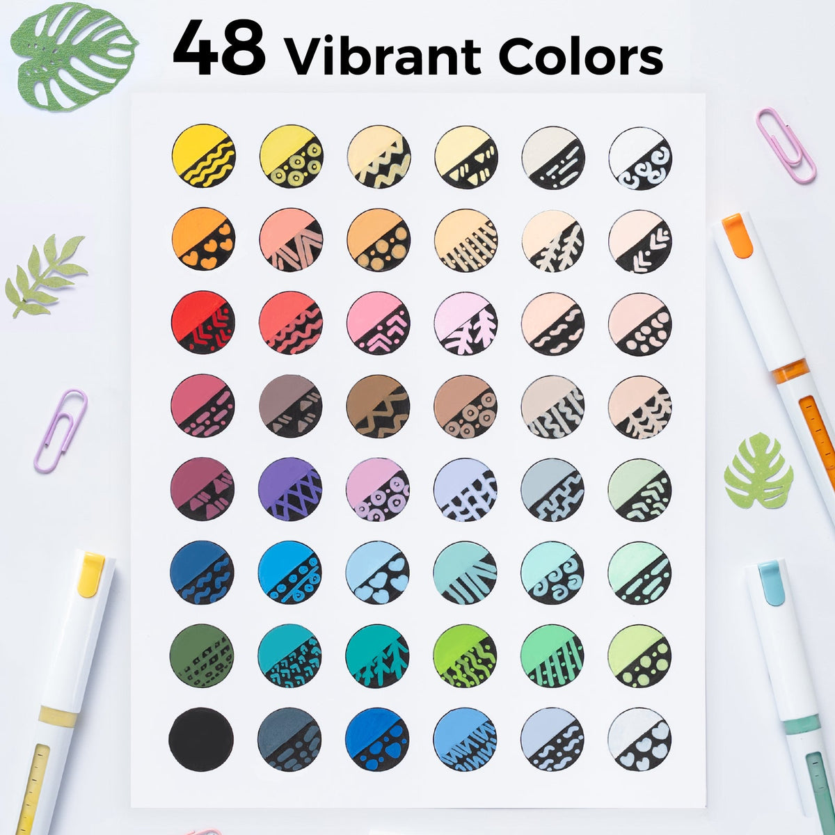 Ohuhu Kahuku 48 pack colour chart showing 48 vibrant acrylic marker colours