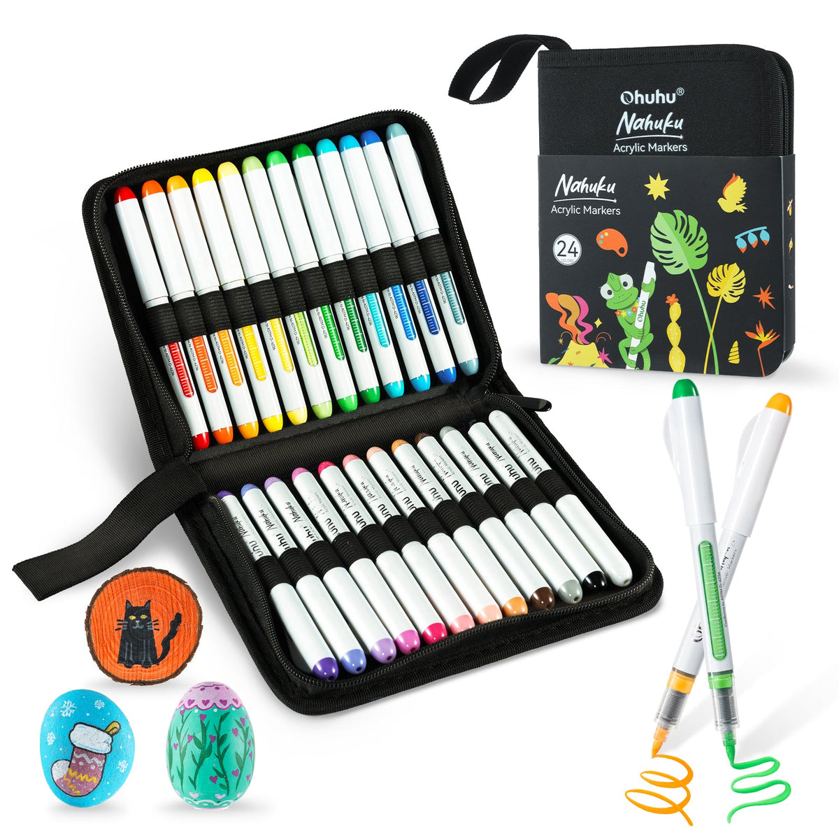 Ohuhu Nahuku 24 pack brush tip acrylic markers in open zip case with painted rocks