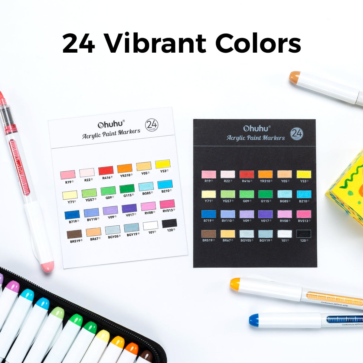 Ohuhu Nahuku 24 pack colour swatch cards on light and dark paper showing 24 vibrant colours