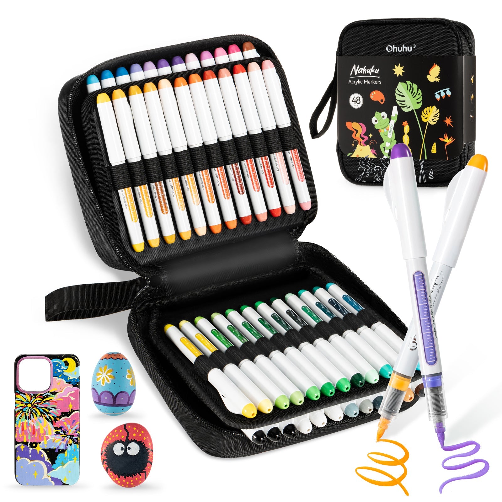Ohuhu Nahuku 48 pack brush tip acrylic markers in open zip case with painted phone case and rocks