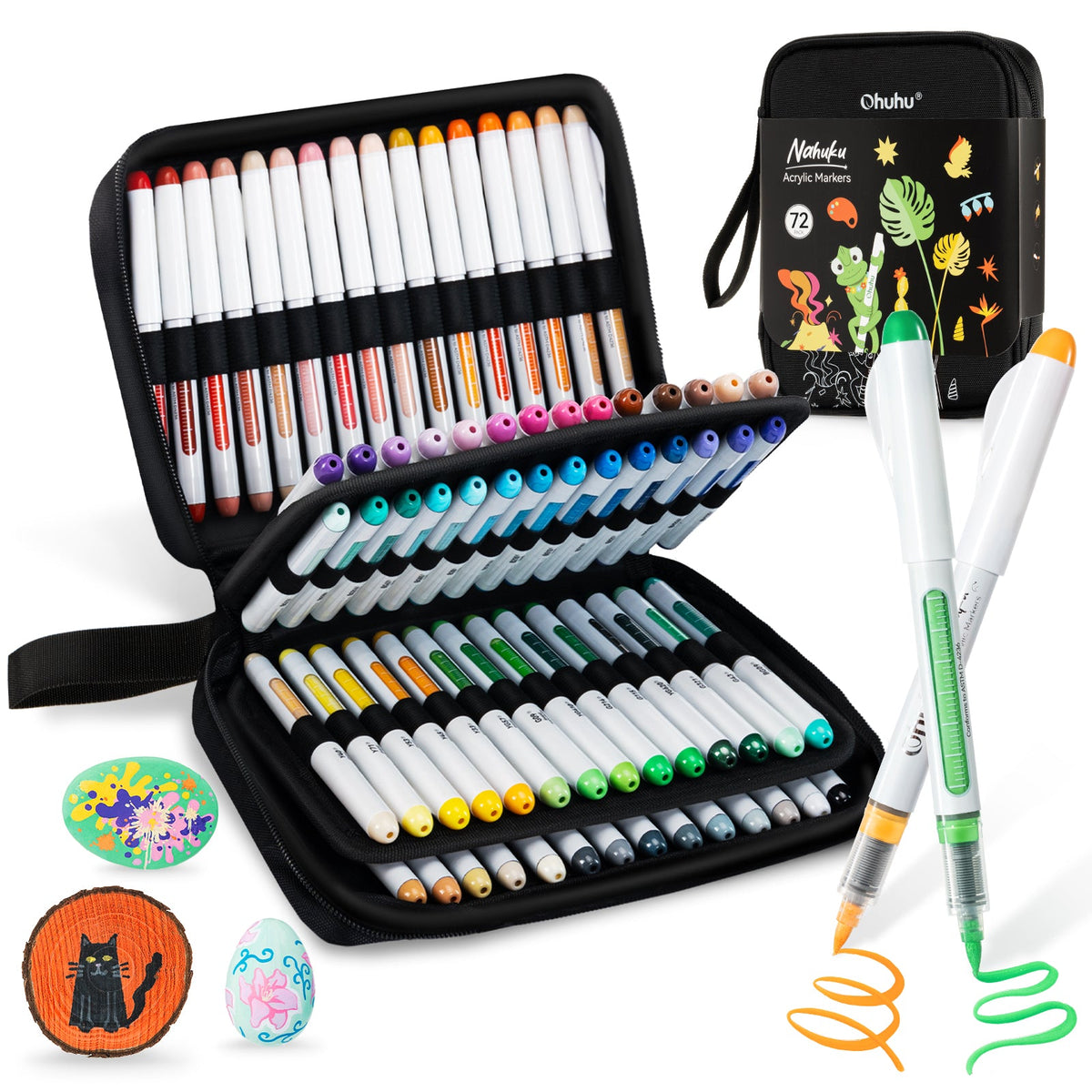 Ohuhu Nahuku 72 pack brush tip acrylic markers in open zip case with painted rocks