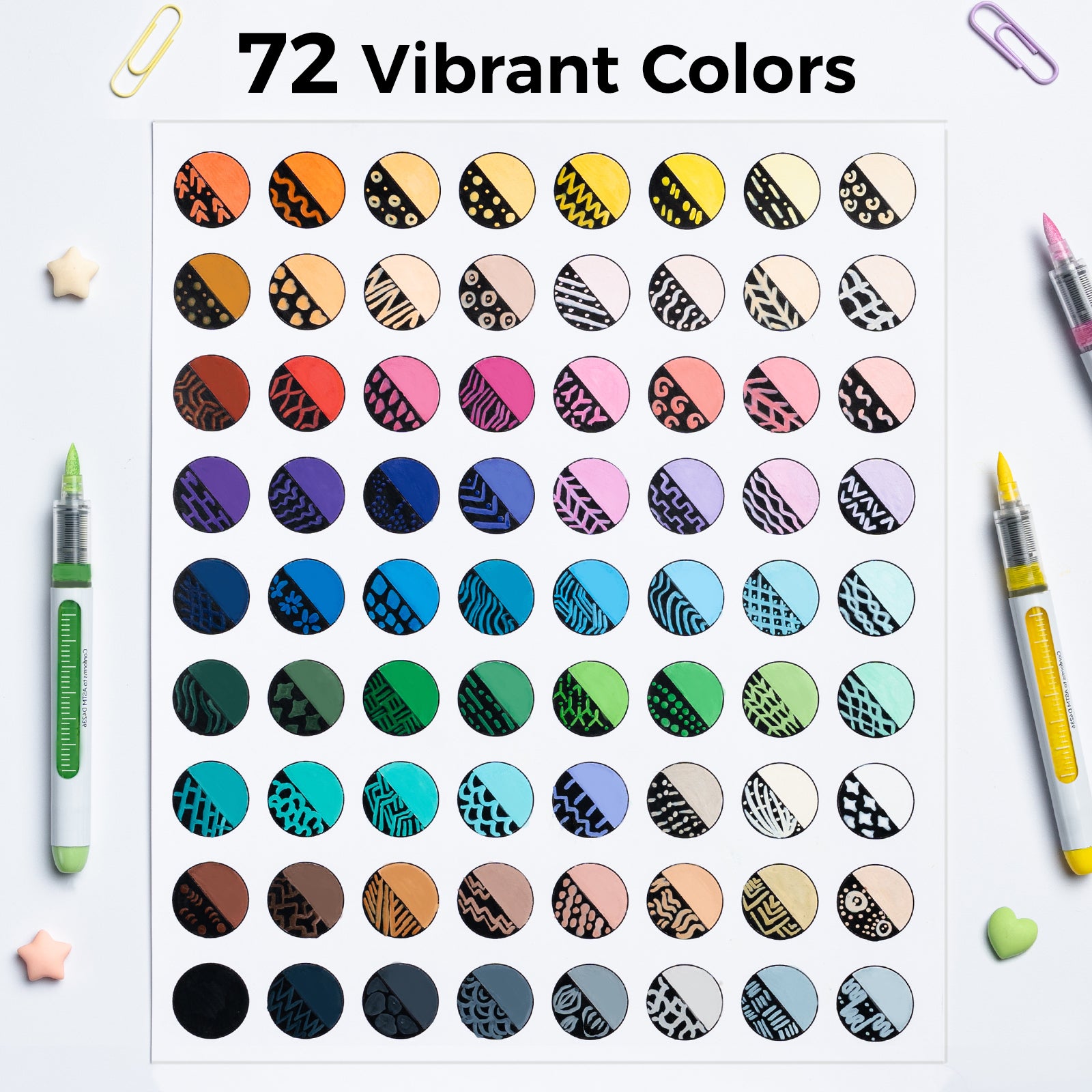 Ohuhu Nahuku 72 pack colour chart showing 72 vibrant acrylic marker colours