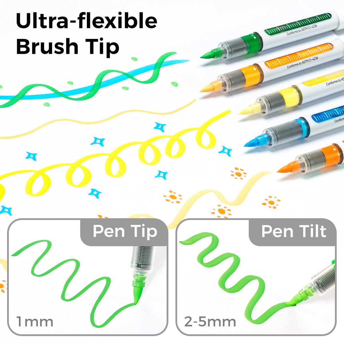 Ohuhu Nahuku ultra-flexible brush tip drawing 1 mm lines with pen tip and 2-5 mm with pen tilt