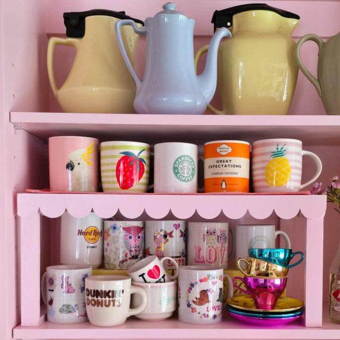 Kitchen shelf with Pink scallop trim made with Hueray DIY trims