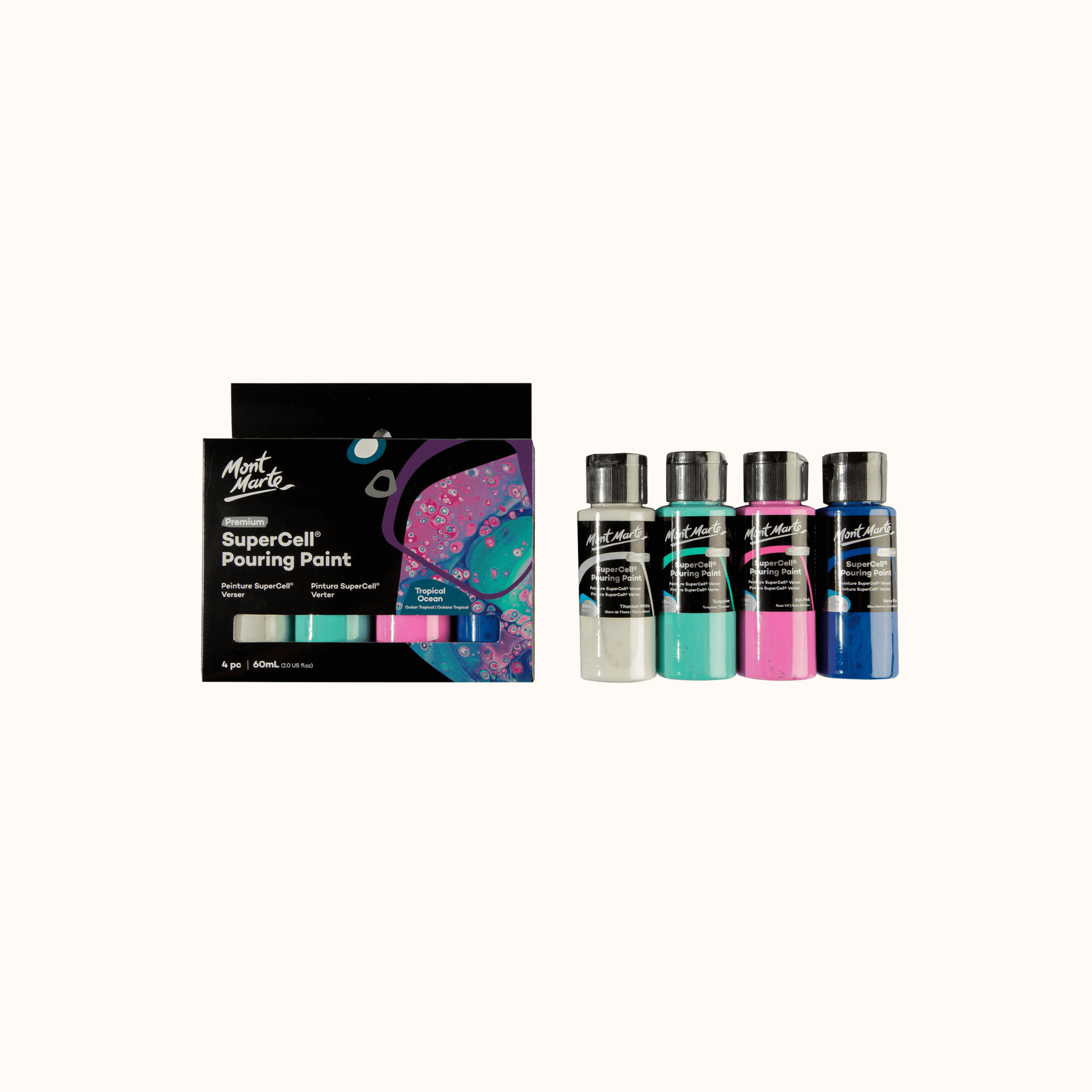 Set of Mont Marte SuperCell Pouring Paint bottles with packaging on a white background