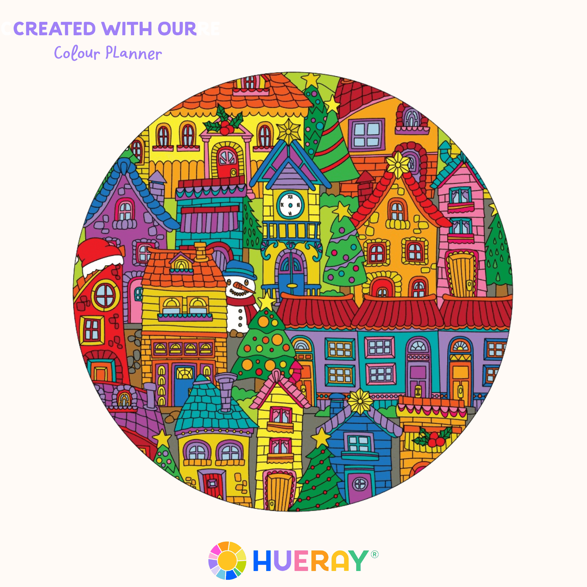 Colorful circular design of a Christmas village with houses and trees, created using Hueray's Color Planner.