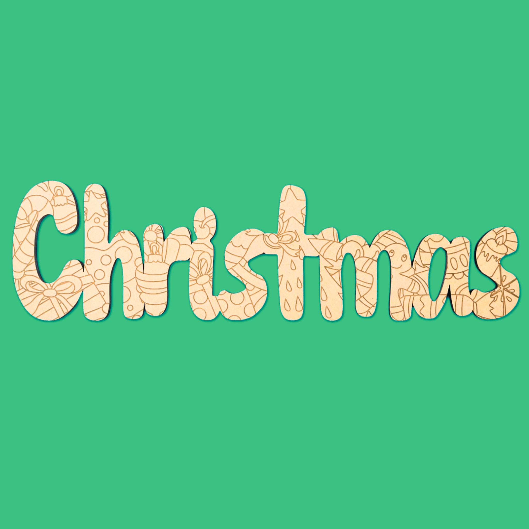 Unpainted ‘Christmas’ engraved Christmas word board to colour, 430mm wide festive lettering decoration with engraved baubles, holly and star details