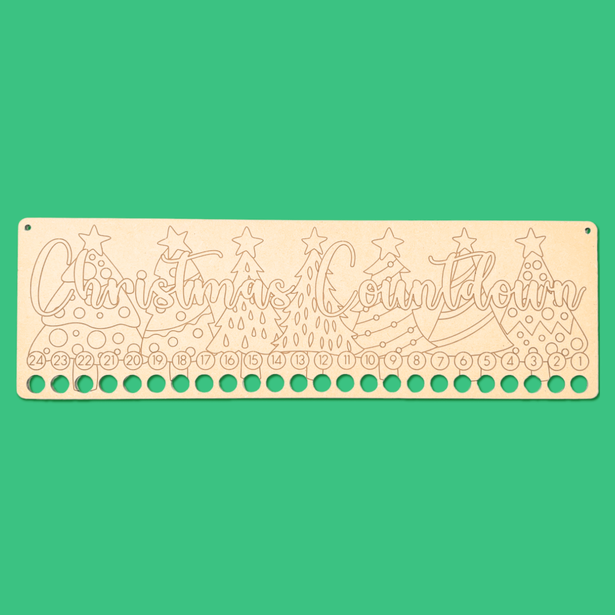 Unpainted engraved MDF Christmas countdown art board, a reusable advent calendar alternative with 24 days to hang candy canes
