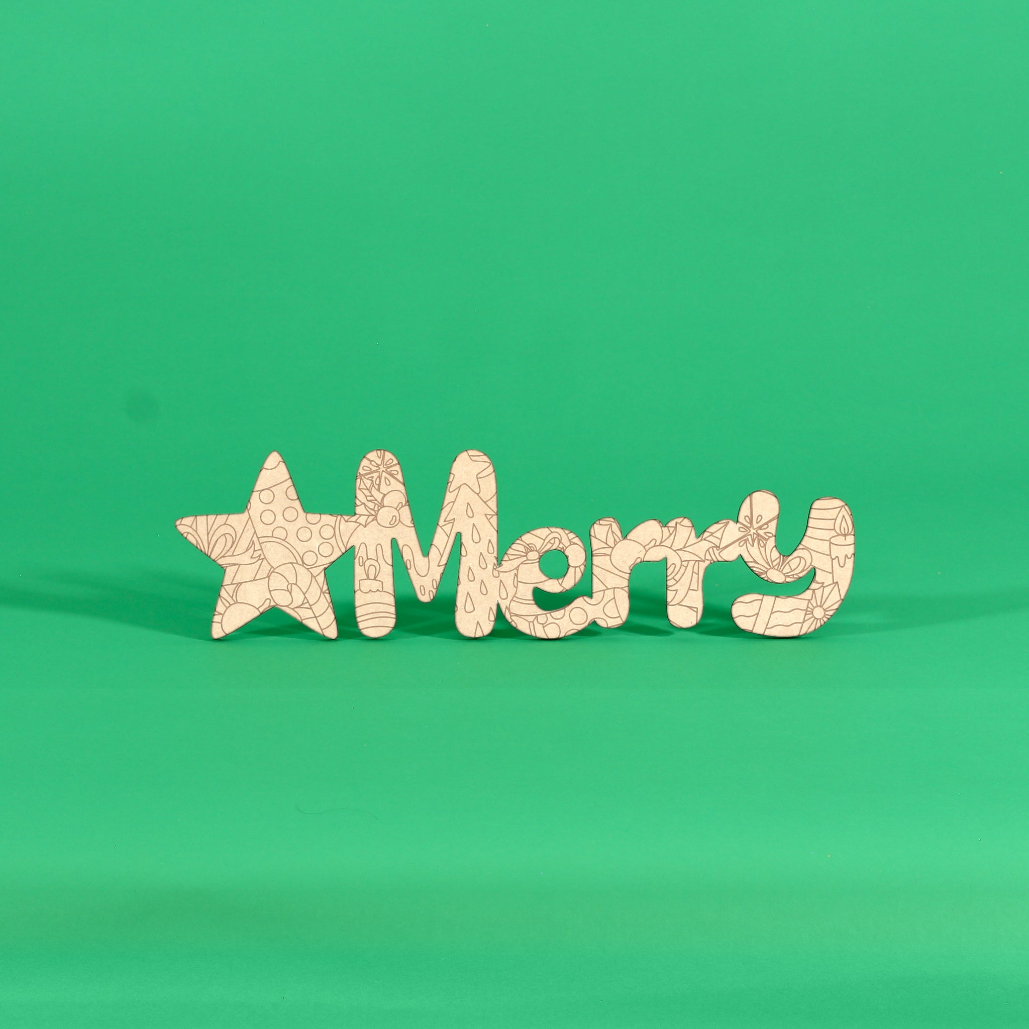 Colour your own ‘Merry’ engraved Christmas word art board in Australian MDF with star, bauble, holly and candle details, 430mm wide