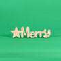 Colour your own ‘Merry’ engraved Christmas word art board in Australian MDF with star, bauble, holly and candle details, 430mm wide