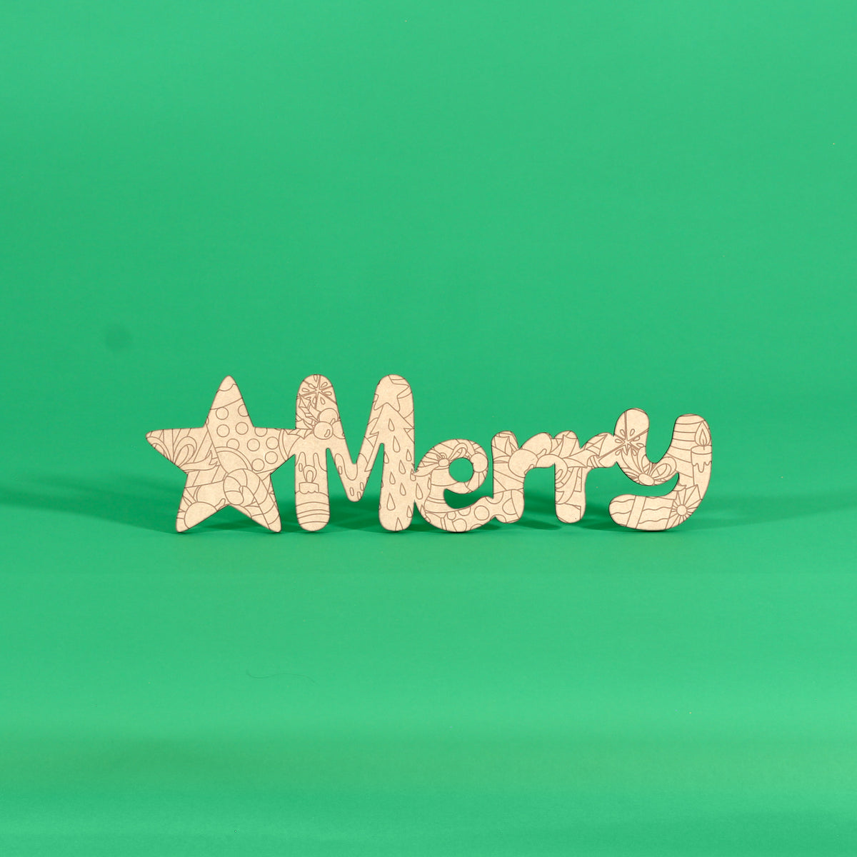 Colour your own ‘Merry’ engraved Christmas word art board in Australian MDF with star, bauble, holly and candle details, 430mm wide