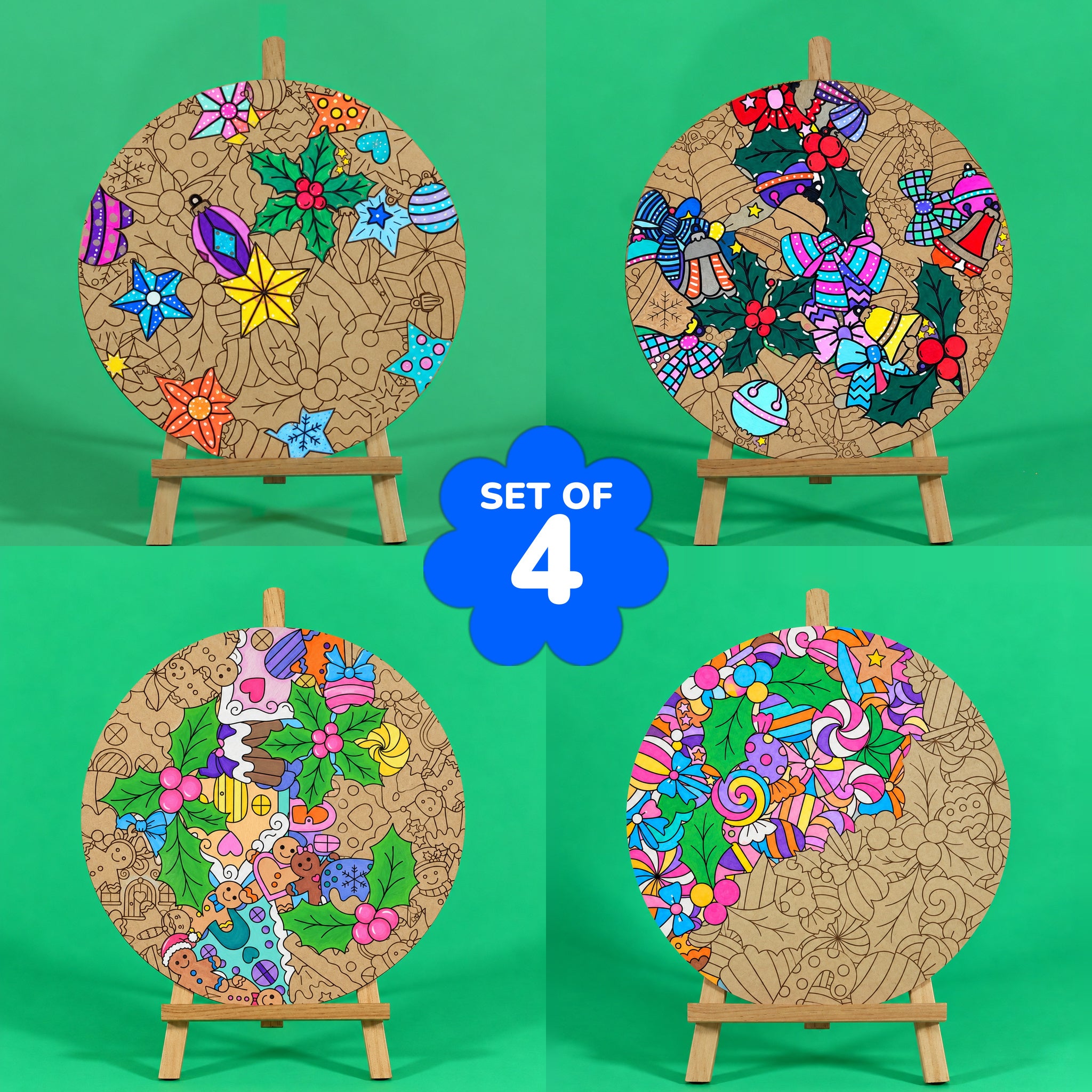 Christmas Tangle Art Board Collection set of 4 engraved art boards partly coloured, Merry Twinkle top left, Holly Jolly top right, Sugar and Spice bottom left, Sweet Tidings bottom right, SET OF 4 badge, easels not included