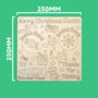 Christmas Eve Platter uncoloured engraved Santa treats board showing 250mm by 250mm measurements on a green background, with Santa's snack, Santa's drink and reindeer treat spots
