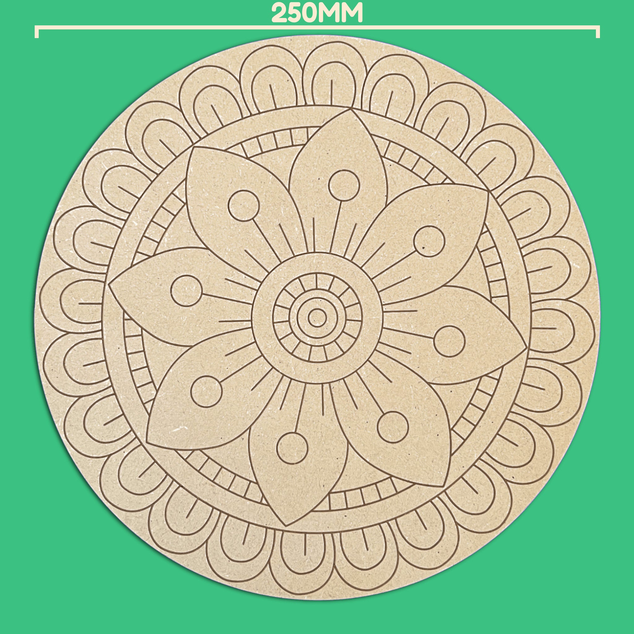 Engraved floral mandala art board from the Bloom & Glow Gift Box shown at 250mm wide on a green background - Australian MDF colouring board with a layered flower design ready to paint or colour