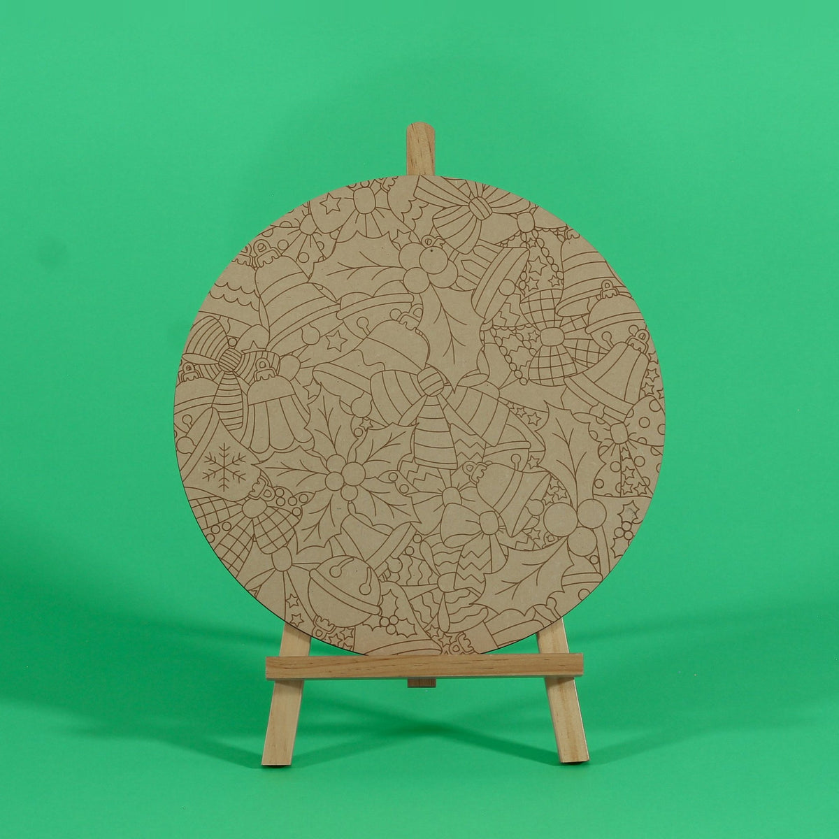 Holly Jolly Christmas engraved art board uncoloured with bells, bows and holly engraved design, one of the 4 boards in the Christmas Tangle Art Board Collection set, easel not included