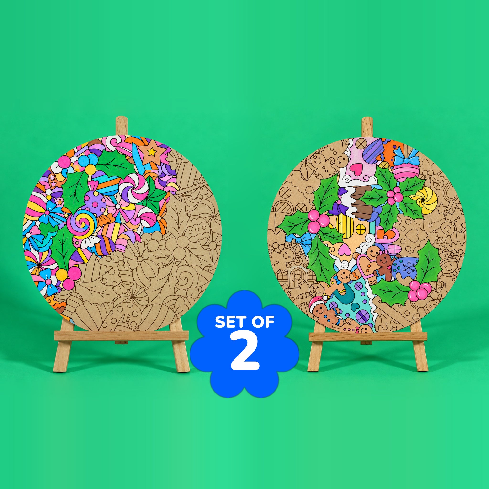 Sugar and Spice and Sweet Tidings Christmas engraved art boards set of 2 partly coloured, Sweet Tidings with swirl lollipops in rainbow colours on the left, Sugar and Spice with gingerbread characters and green holly on the right, SET OF 2 badge, easels not included