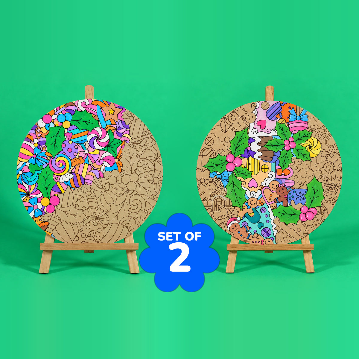 Sugar and Spice and Sweet Tidings Christmas engraved art boards set of 2 partly coloured, Sweet Tidings with swirl lollipops in rainbow colours on the left, Sugar and Spice with gingerbread characters and green holly on the right, SET OF 2 badge, easels not included