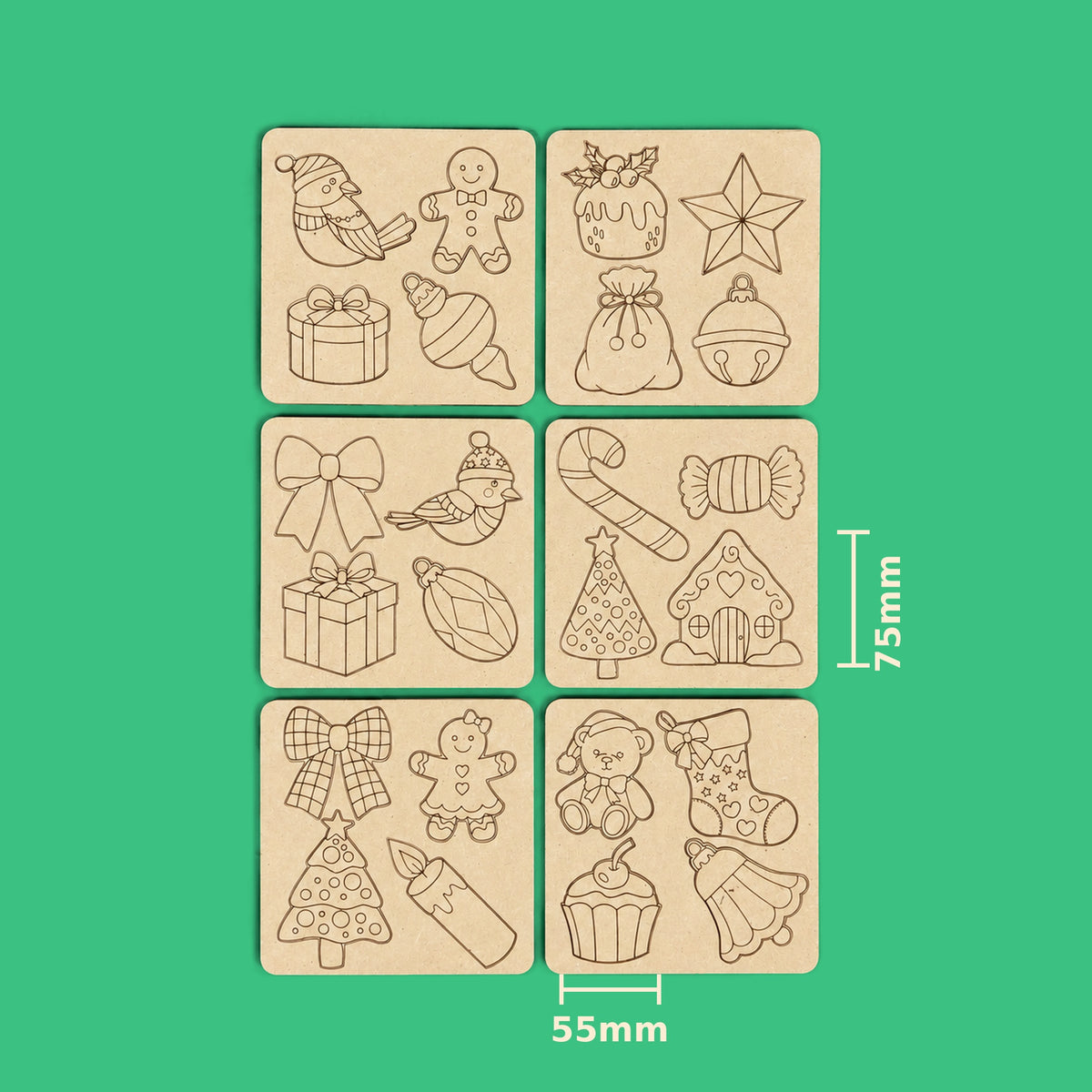 Jingle Jumble Christmas wreath plain uncoloured engraved ornament boards showing ornament size measurements, gingerbread house 75mm tall and cupcake 55mm wide, on Apple Green background