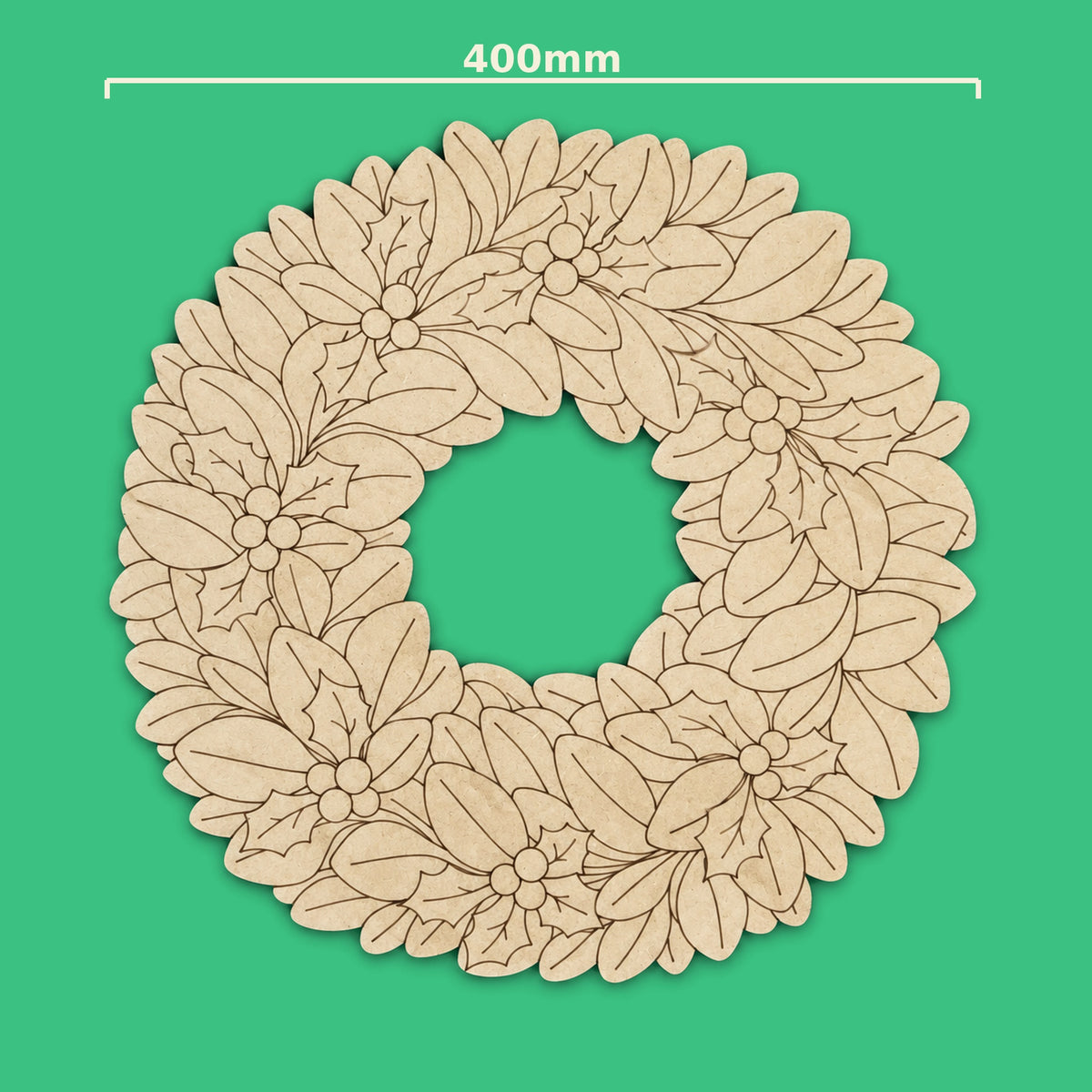 Jingle Jumble Christmas wreath plain uncoloured engraved MDF board showing 400mm size measurement on Apple Green background