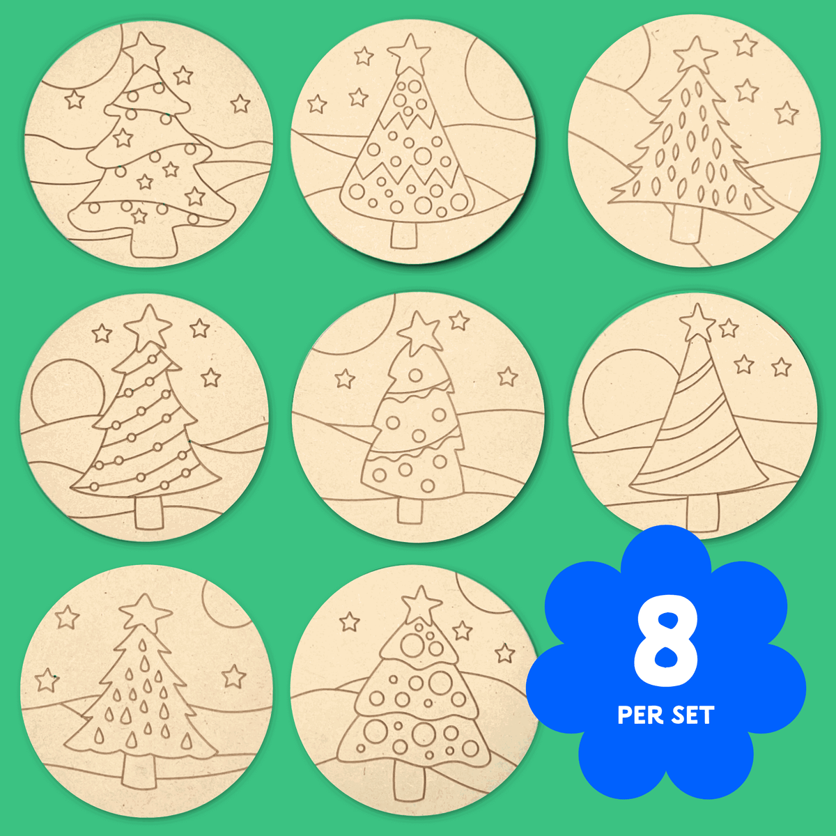 Evergreen Magic paintable Christmas coasters: eight trees under starry skies on a green background