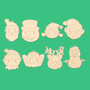 Eight Jolly Crew paint your own Christmas ornaments laid out, festive character faces in 4mm Australian MDF with hanging string
