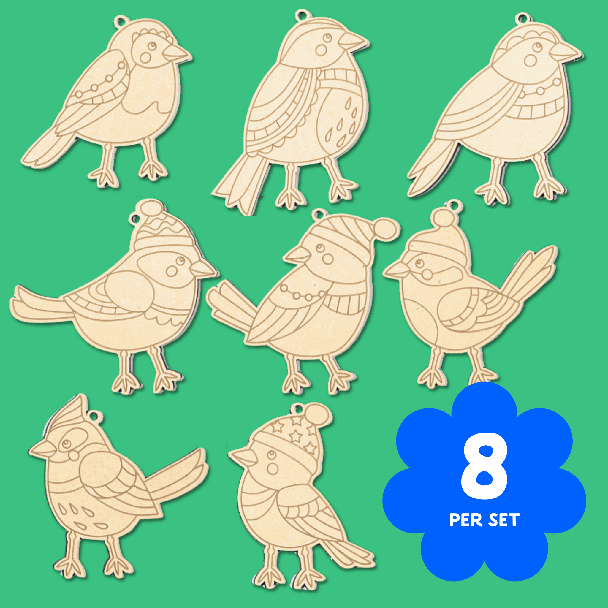 Set of eight Song Birds wooden Christmas ornaments to colour, cheerful birds in beanies, 95mm by 115mm, 4mm Australian MDF with hanging string