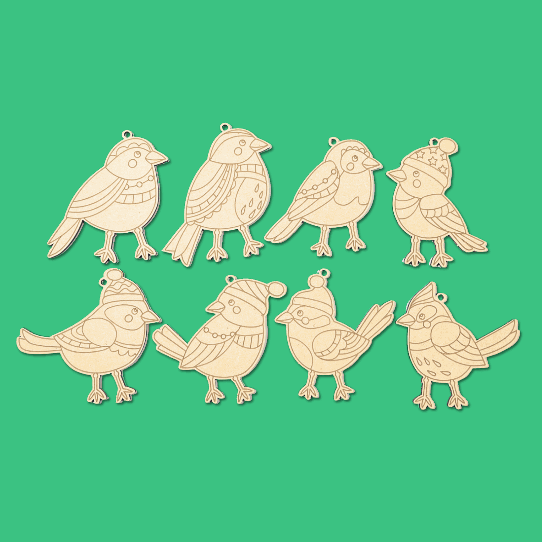 Eight Song Birds paint your own wooden Christmas ornaments laid out, colourful bird designs in 4mm Australian MDF