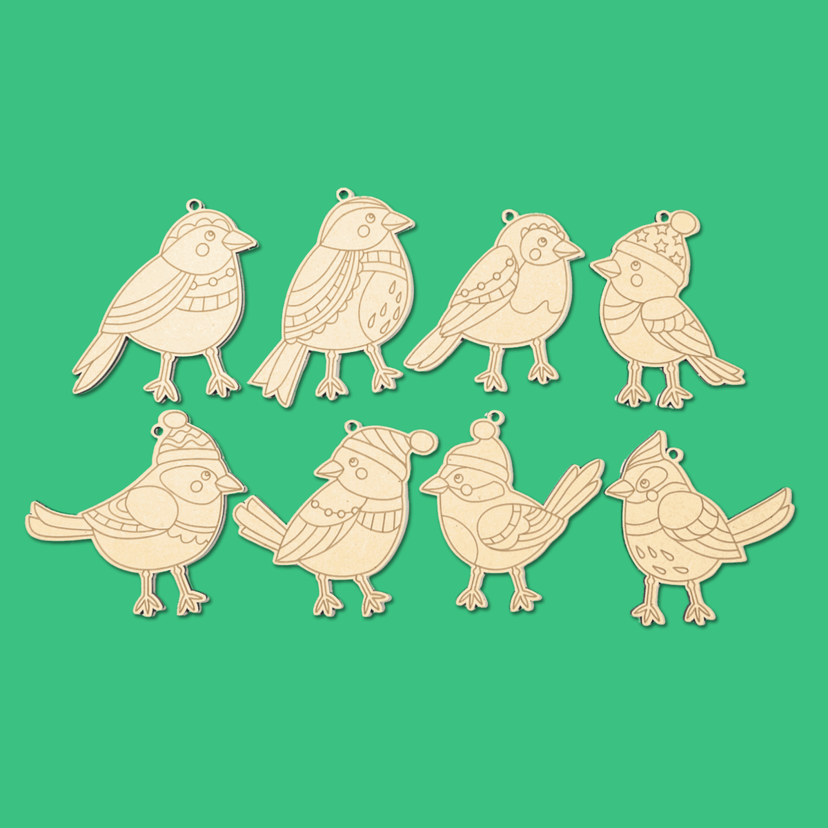 Eight Song Birds paint your own wooden Christmas ornaments laid out, colourful bird designs in 4mm Australian MDF