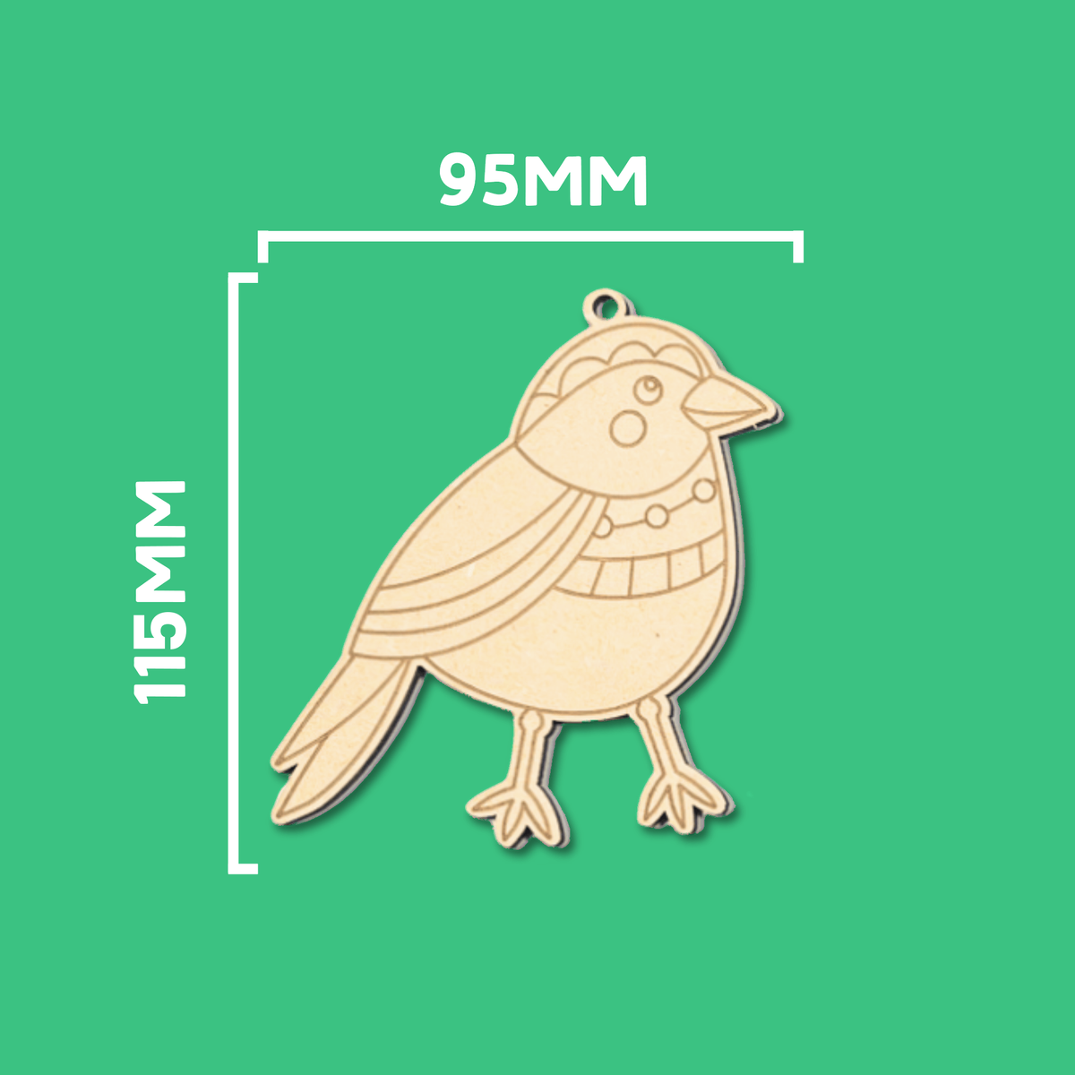 Single songbird ornament with a patterned scarf and wings to paint your own, shown at 95mm by 115mm