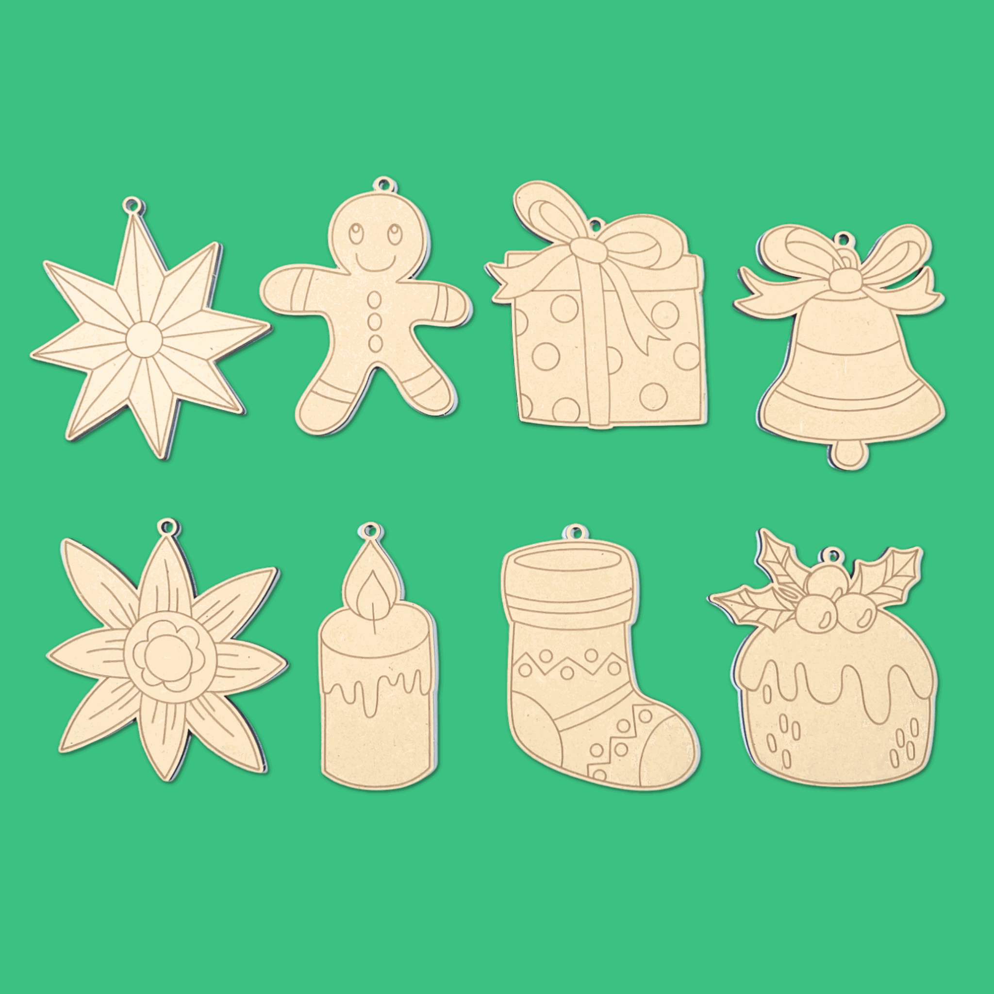 Eight Christmas Classics paint your own wooden ornaments laid out, gingerbread, star, stocking and pudding designs in 4mm Australian MDF