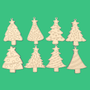 Eight Evergreen Magic paint your own Christmas tree ornaments laid out, star-topped tree designs in 4mm Australian MDF