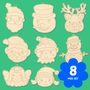 Set of eight Jolly Crew wooden Christmas ornaments to colour, Santa, elf, snowman, reindeer and angel designs, 95mm by 120mm, 4mm Australian MDF