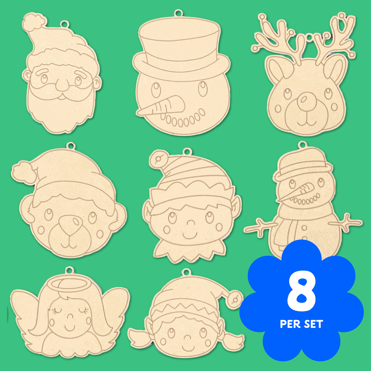 Set of eight Jolly Crew wooden Christmas ornaments to colour, Santa, elf, snowman, reindeer and angel designs, 95mm by 120mm, 4mm Australian MDF