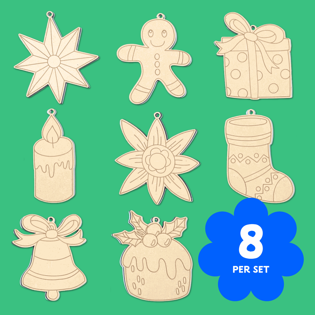 Set of eight Christmas Classics wooden Christmas ornaments to colour, 110mm by 110mm, 4mm Australian MDF with hanging string