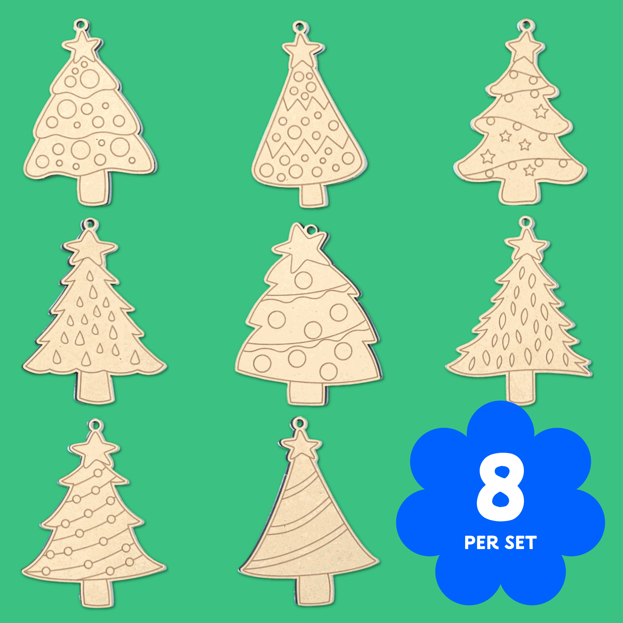 Set of eight Evergreen Magic wooden Christmas tree ornaments to colour, 95mm by 115mm, 4mm Australian MDF with hanging string