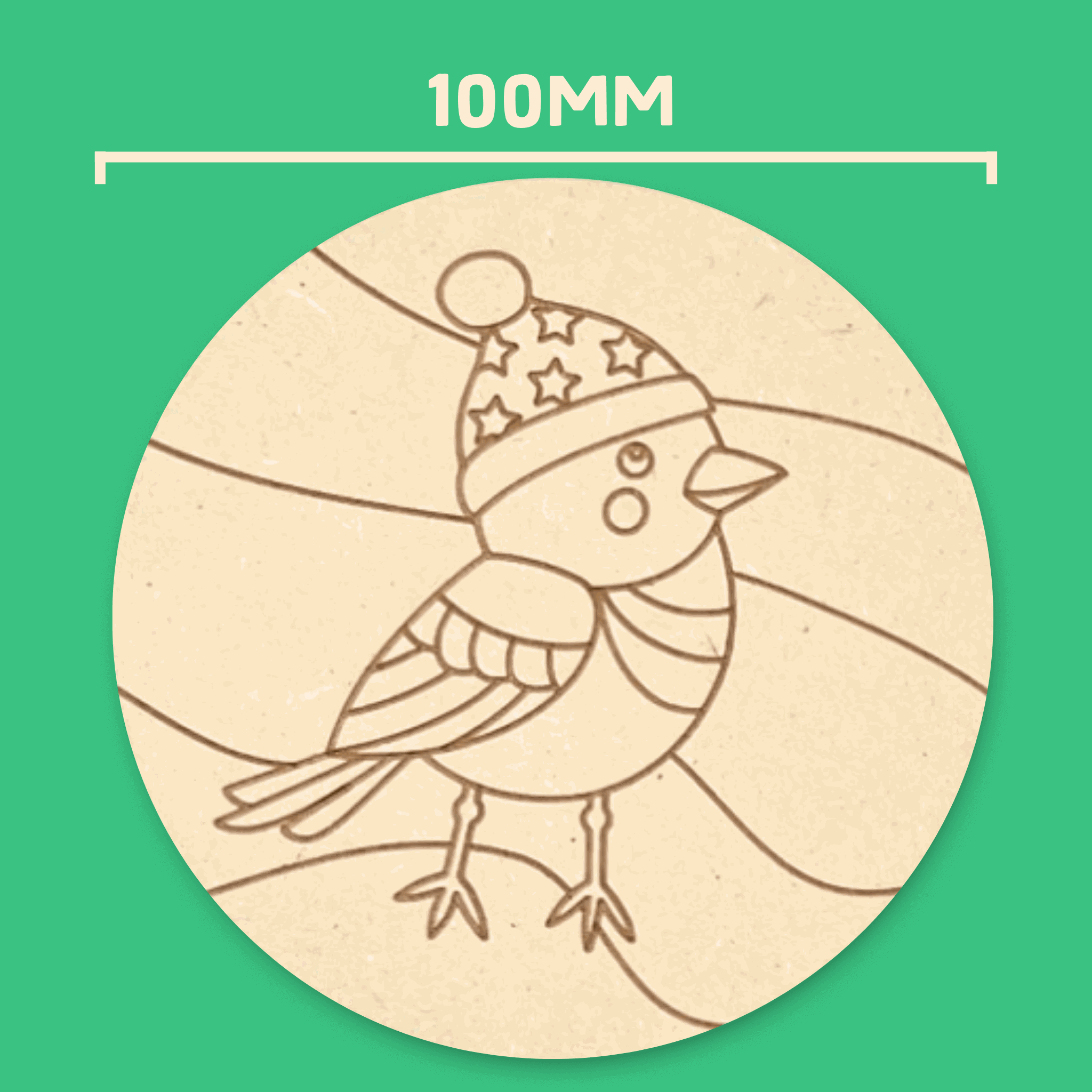 Round songbird coaster with a star-patterned pom-pom beanie, 100mm wide, for a handmade Christmas gift