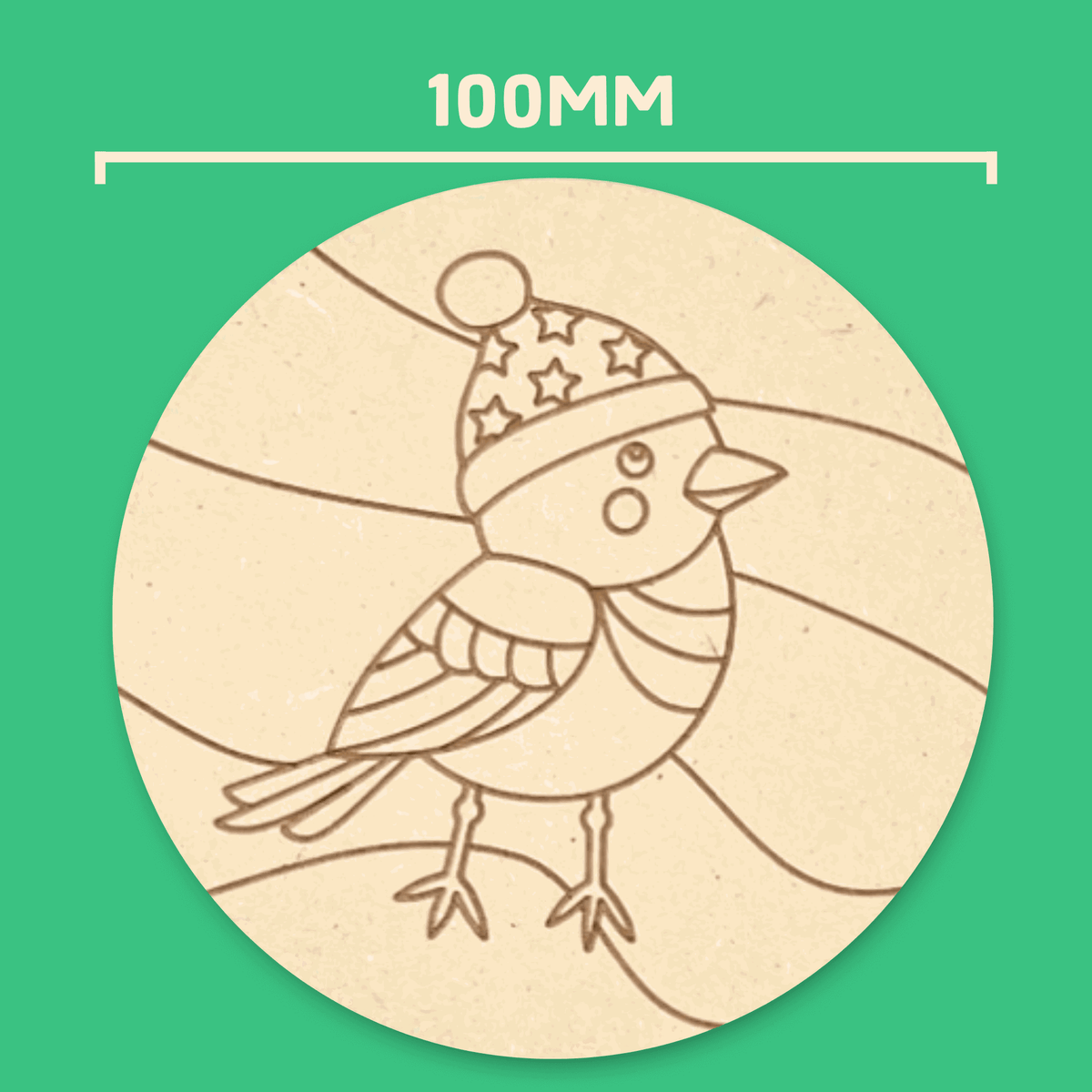 Round songbird coaster with a star-patterned pom-pom beanie, 100mm wide, for a handmade Christmas gift