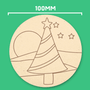 Round coaster with a striped Christmas tree, stars and rolling hills, 100mm wide, ready to colour
