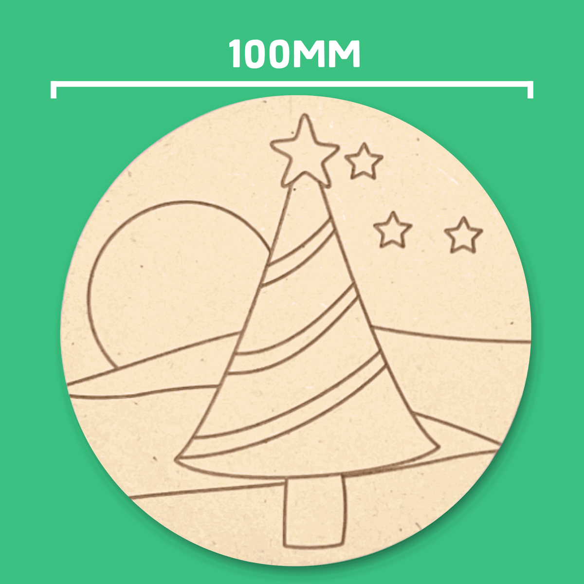 Round coaster with a striped Christmas tree, stars and rolling hills, 100mm wide, ready to colour